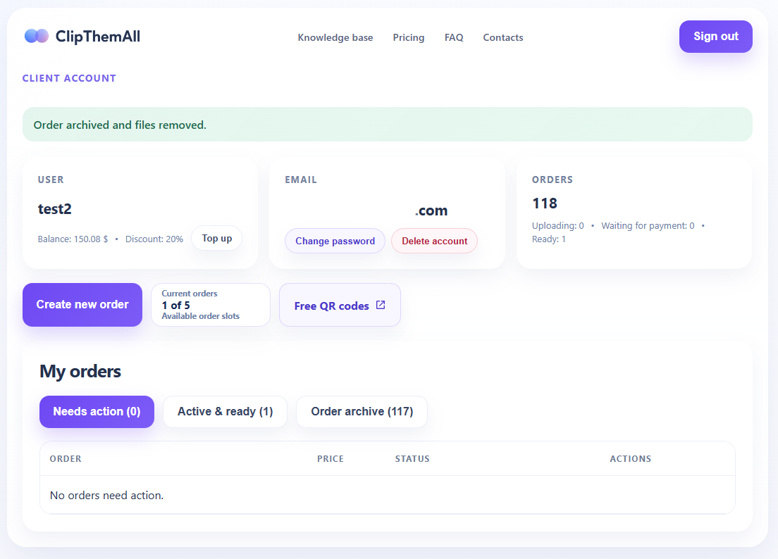 ClipThemAll dashboard with user balance, order slots and order tabs
